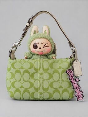 VTG Coach Signature Jacquard Mini Hobo Bag/Pouchette in Lime/White Rare